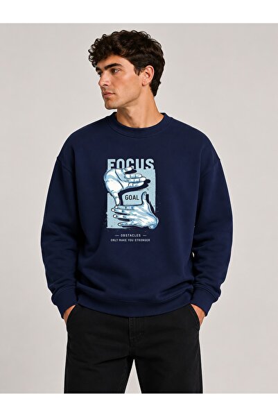 herkesemoda Focus Print Detailed Crew Neck 2 Thread Sweatshirt