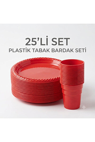 turkuaz parti 25'li KIRMIZI PLASTİK TABAK BARDAK SETİ