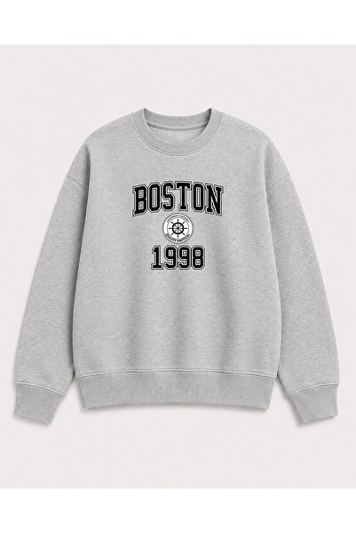 herkesemoda Boston Print Detailed Crew Neck 2 Thread Sweatshirt