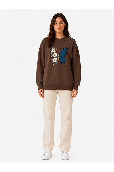 herkesemoda Butterfly Print Detailed Embroidered 2 Thread Crew Neck Sweatshirt