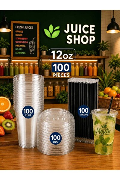 RENOVO 100 قطعة من الأكواب البلاستيكية الشفافة سعة 12 أونصة مع أغطية مسطحة وش...