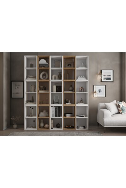 Vivense ZARA AHŞAP VE BEYAZ KİTAPLIK ÇOK BÖLMELİ GENİŞ SALON KİTAP RAFI NRG K...
