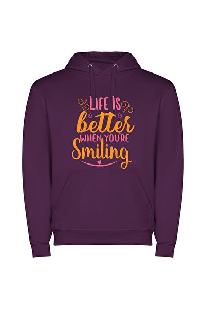 iLovePrints Smile Bright, Embrace Life Φούτερ με κουκούλα σε χρώμα Μωβ