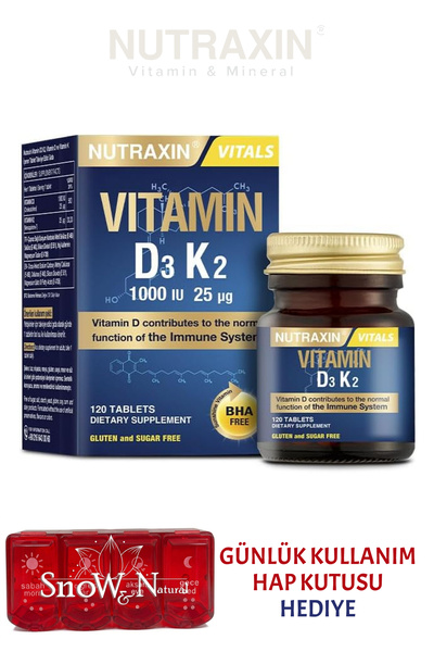 Nutraxin D3K2 Vitamini 120 Tablet - (1000ıu D3 - 25mcg K2) + Hap Kutusu Hediye
