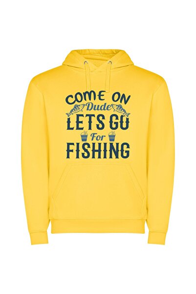 iLovePrints Fishing Fiesta - Let's Go! Φούτερ με κουκούλα σε χρώμα Κίτρινο