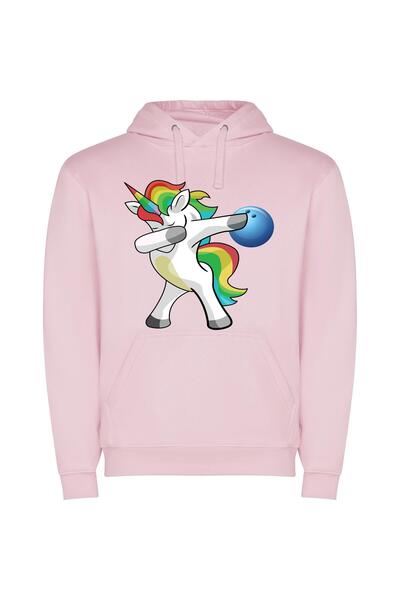 iLovePrints Rainbow Bowling Unicorn Illustration Φούτερ με κουκούλα σε χρώμα Ροζ