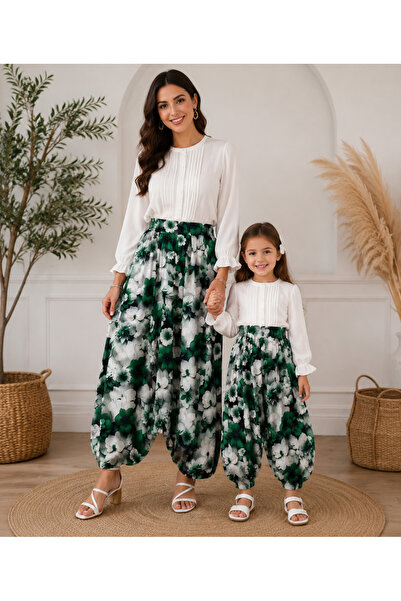 EM&MA DESİNG Anne-Kız Kombin Yeşil Bol Ağlı Şalvar