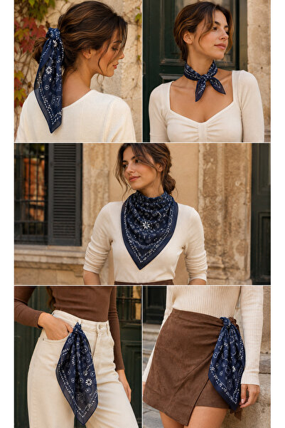 Luminos Butik Women's Navy Blue Shawl Patterned Cotton 70X70 Scarf Flr6002