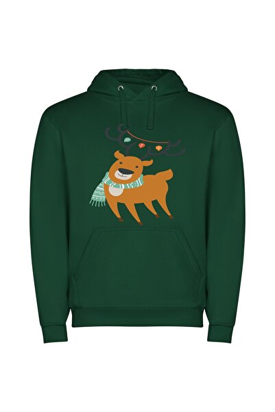 iLovePrints Fashionable Festive Deer Φούτερ με κουκούλα σε χρώμα Πράσινο