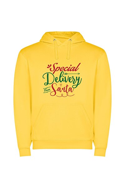 iLovePrints Santa's Festive Special Φούτερ με κουκούλα σε χρώμα Κίτρινο