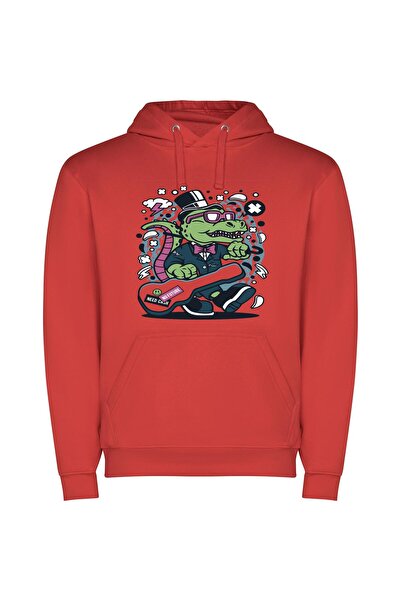 iLovePrints Guitar-Grooving Gator Φούτερ με κουκούλα σε χρώμα Κόκκινο