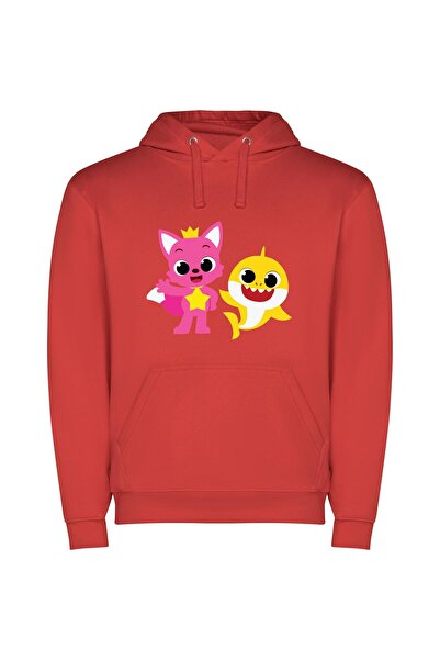 iLovePrints Joyful Cartoon Animal Duo Φούτερ με κουκούλα σε χρώμα Κόκκινο
