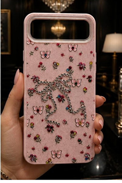 CaseTechnoo İnfinix Hot60i İle Uyumlu Taşlı Kurdele Kelebek Desenli Parlak Si...