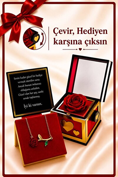 Aroma Hediye 14 Ayar Altın Kaplama Gül Kolye Güllü Çevirmeli Dönen Kutu Kadın...