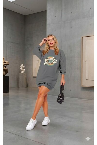 MODA ŞEHRİ    Women's Long Sleeve Crew Neck Lettered Viscose Two Thread Dress