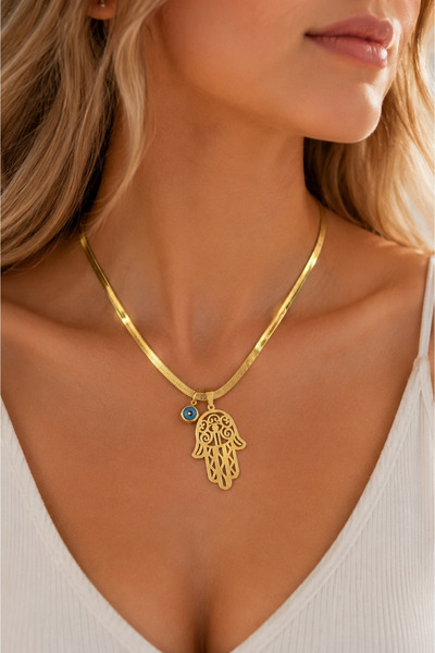 POSEİDONS JEWELLERY Gold Renk Fatma Ana Eli ve Nazar Boncuklu Yassı Zincir Ka...