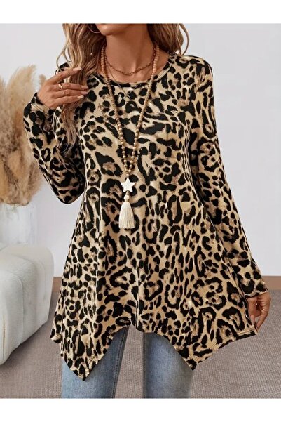MODA ŞEHRİ Women's Long Sleeve Crew Neck Leopard Print Single Jersey Blouse