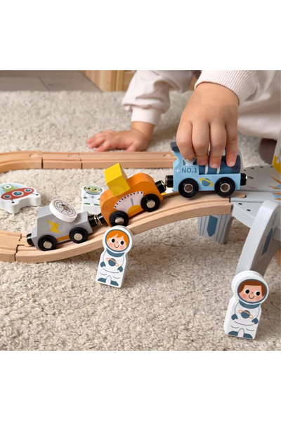 Tooky Toy Set de șine din lemn pentru tren spațial