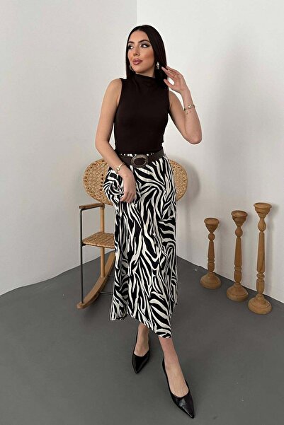 Moda Days تنورة ميدي نسائية سوداء من الساتان بنقشة الحمار الوحشي، مطاطية، أني...