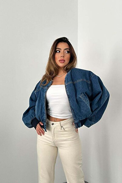 Moda Days Women's Blue Denim Bomber Jacket with Zipper Pockets and Ribbed Cro...