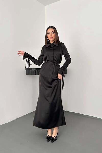 Moda Days Women's Black Shirt-Skirt Set Shirt Skirt Set Ribbed Belted Shirt C...