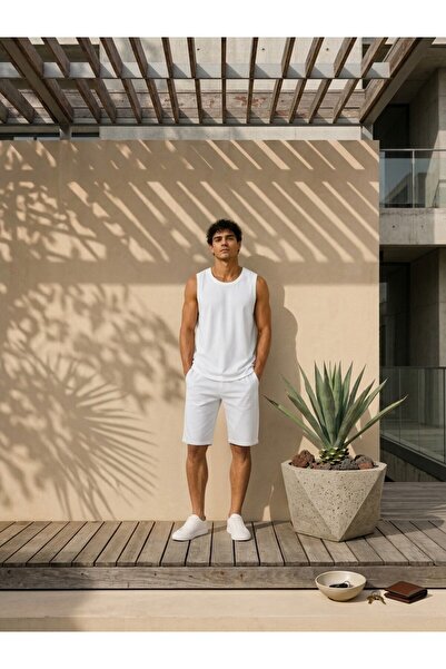 TEETY Erkek Beyaz Ribanalı Sıfır Kol Atlet Fit Kesim Spor Tank Top Kolsuz Tişört