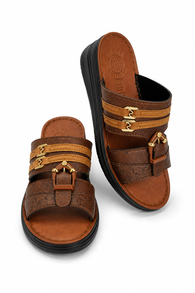 Generic Brand Chappal Men, Comfortable Leather Open Toe Slides with Padded In...