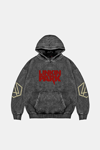 Sekizbiraltı Linkin Park Baskılı Oversize Unisex Yıkamalı Siyah Hoodie