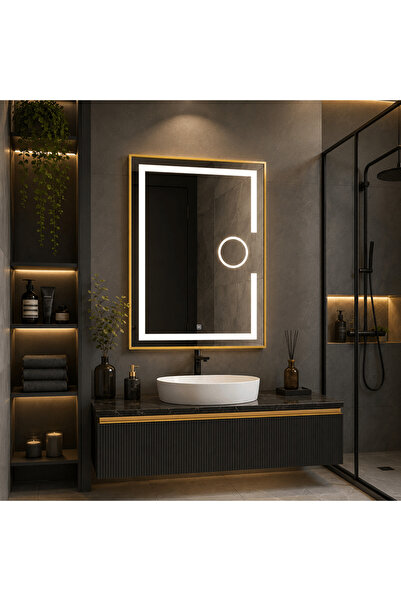 shark design LED огледало 60×80 см със златиста рамка с ефект на шлайфано зла...