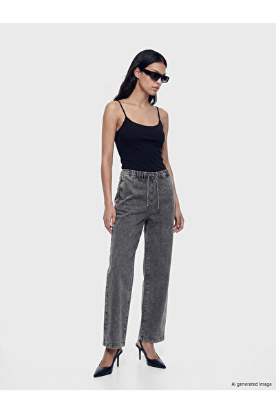 LC Waikiki Anthracite Elastic Waist Wideleg Women's Jean Trousers
