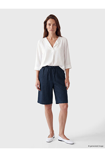 LC Waikiki Navy Blue Elastic Waist Linen Blend Women's Shorts