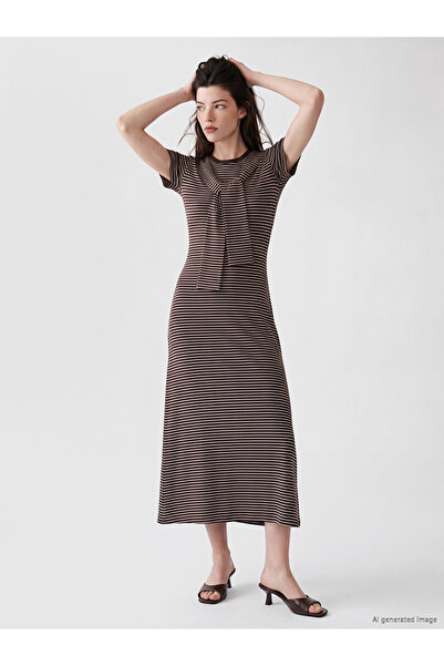 LC Waikiki Brown Striped Dress with Tie Detail
