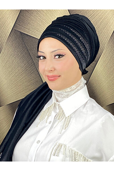 MY UKİYO STORE YELPAZE MODEL TESETTÜR TAŞ BASKILI DRAPELİ SİMLİ ABİYE BONE ŞAL