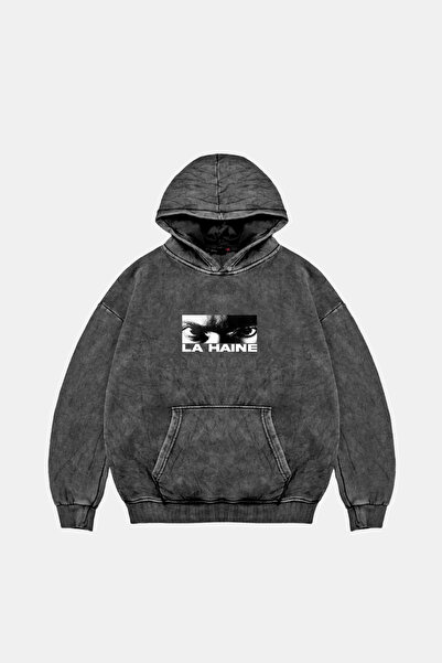 Sekizbiraltı La Haine Baskılı Oversize Unisex Yıkamalı Siyah Hoodie