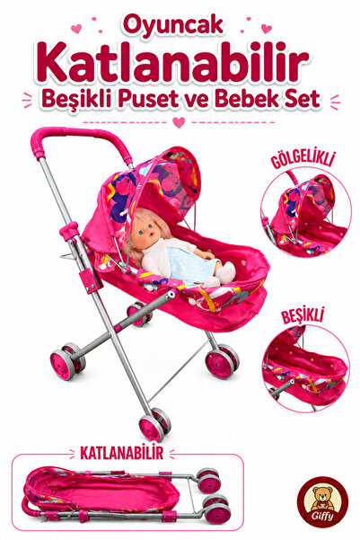 giffy Oyuncak Katlanabilir Beşikli Puset ve 30 cm Sesli Altını Islatan Bebek ...