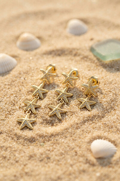 ARMÜZ Set of 3 Gold Color Starfish Model Earrings