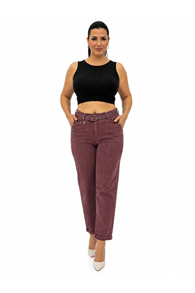 carmito Plus Size High Waist Belted Stone Detailed Mom Cut Denim Women's Trou...