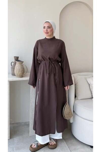 Miraydın Butik تونيك نسائي طويل برباط عند الخصر وسحاب M2665 - بني