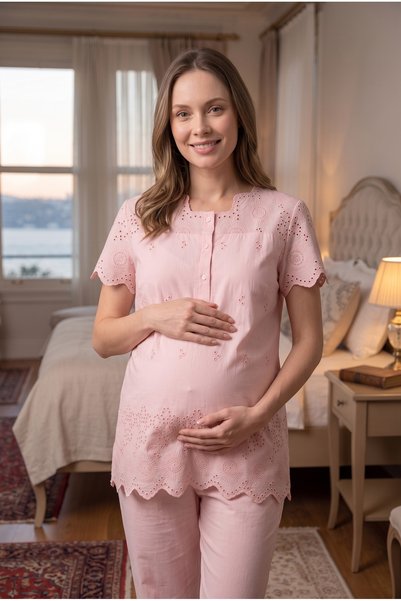 Lohusa Dünyasi Women's Powder Linen Scallop Lace Maternity Pajama Set