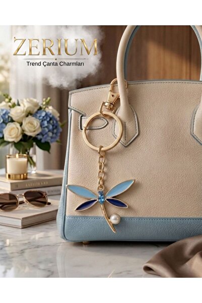 ZERİUM Trend Bag Charm and Ornament Keychain Premium with Blue Enamel Dragonf...