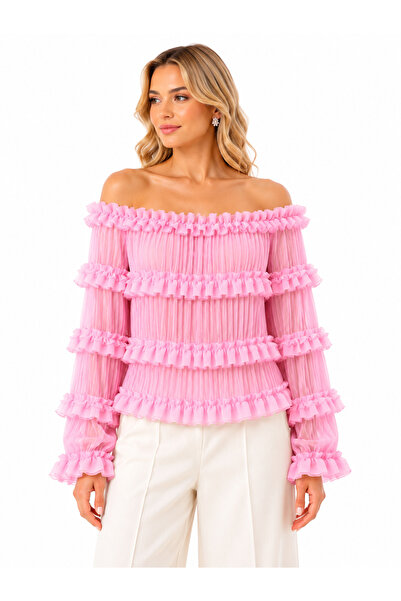 Generic Brand Imported Boat Neck Ruffle Detailed Pleated Chiffon Blouse