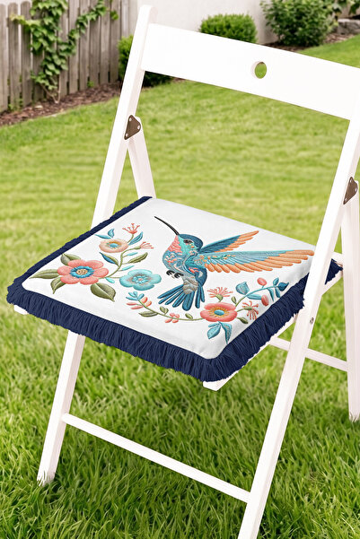 Realhomes Hummingbird and Floral Embroidery Look Fringed Zippered Chair Cushi...