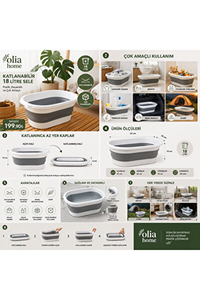 OLİAHOME 18 Litre Katlanabilir Sele Silikon Katlanır Çamaşır Sepeti Çok Amaçl...