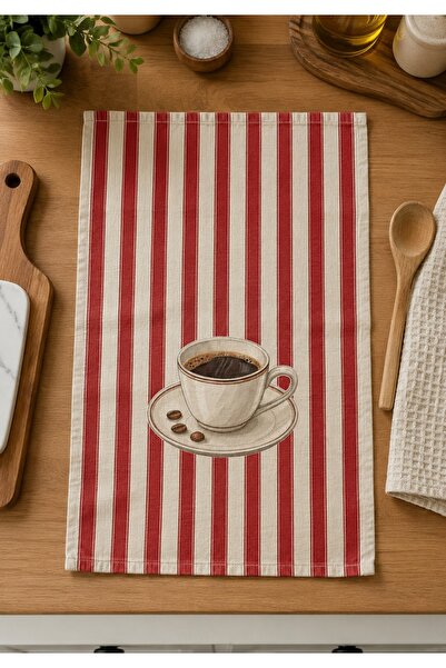 Piloji Coffee Patterned Kitchen Drying Towel 35X50 cm Red Striped Decorative ...