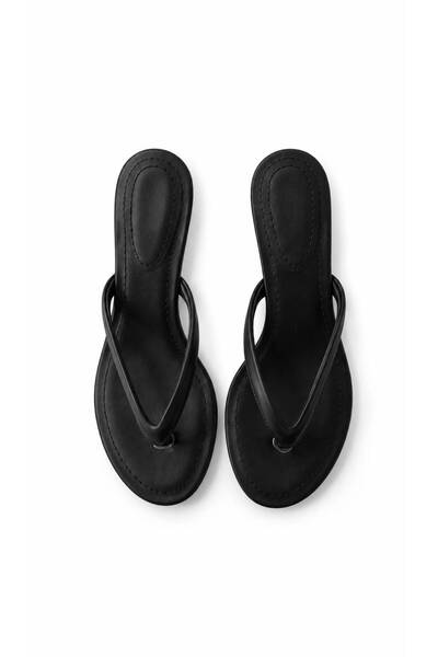 cevaplus Arel Black Matte Leather Flip Flops Women's Heeled Slippers