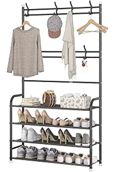 Showay Coat Rack Shoe Rack,Storage Shelf with 4-Tier Shoe Organize,Clothes Ra...