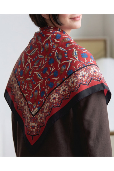 Ege Fular Şal Ottoman Serisi İpek Şal – Efsun | 90x90 cm Kırmızı İpek Rayon E...