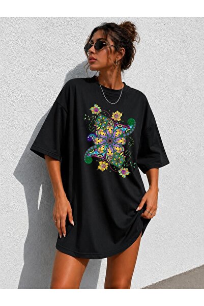 classy moda Γυναικείο μπλουζάκι Oversize Extra Long με πολύχρωμη καλλιτεχνική...