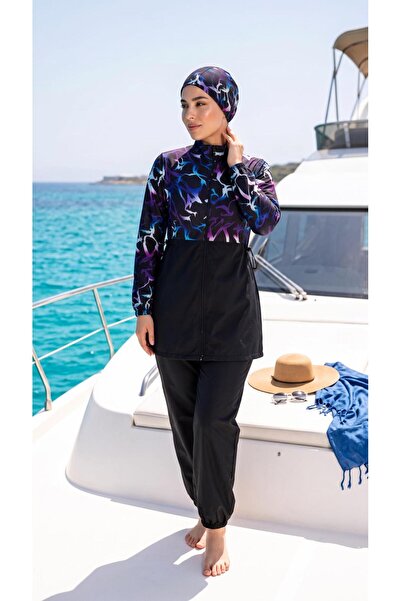 Lina&Noor Full Covered Hijab Swimsuit Set Purple Blue Patterned |   Zippered ...