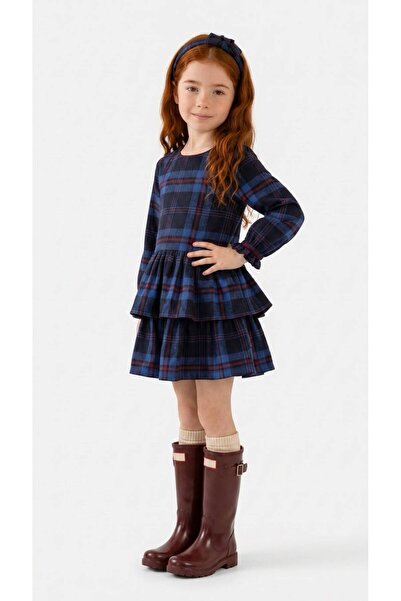 ZeZe Kid Girl's Navy Blue Plaid Ruffled Long Sleeve Dress and Crown
